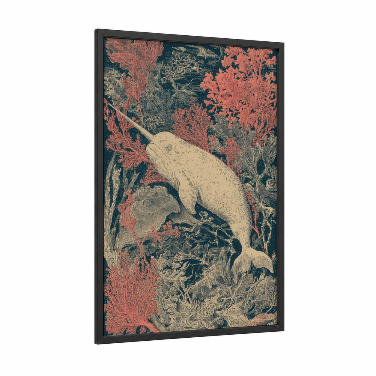 Coral Narwhal framed art print — black wood frame — dark blue and salmon pink palette