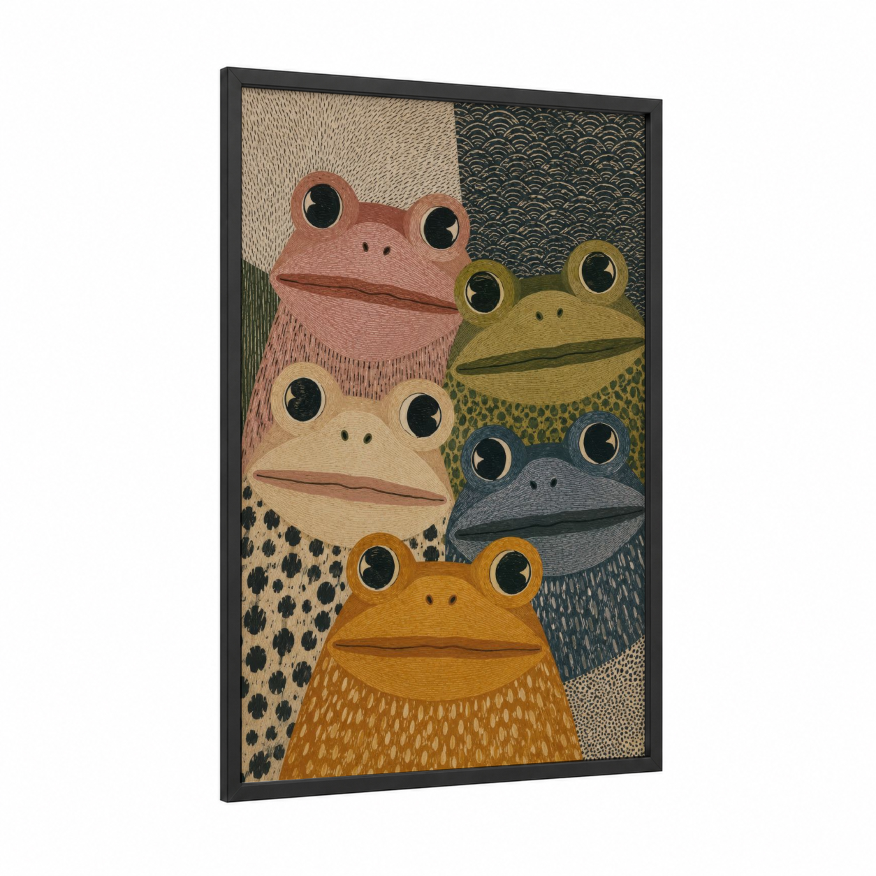 Whimsical Frog Faces Wall Art framed frogs and toads print — black wood frame — beige and green palette