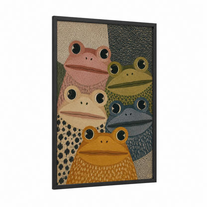 Whimsical Frog Faces Wall Art framed frogs and toads print — black wood frame — beige and green palette