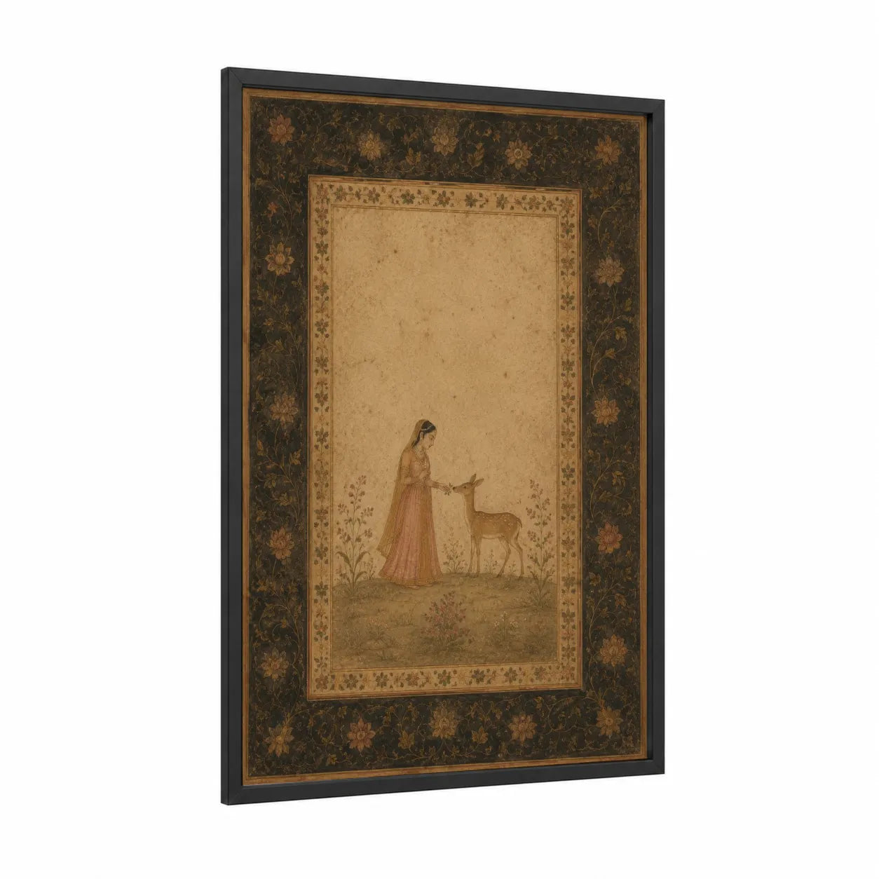 Persian Miniature Woman and Deer Wall Art framed art print — black wood frame — beige and brown palette