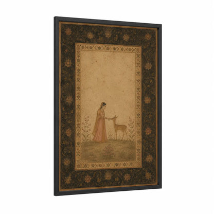 Persian Miniature Woman and Deer Wall Art framed art print — black wood frame — beige and brown palette