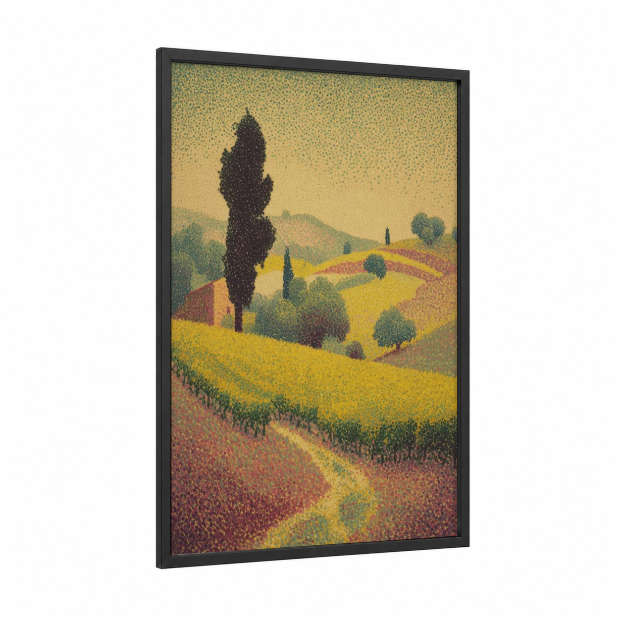 Tuscan Vineyards framed art print — black wood frame — gold and russet palette