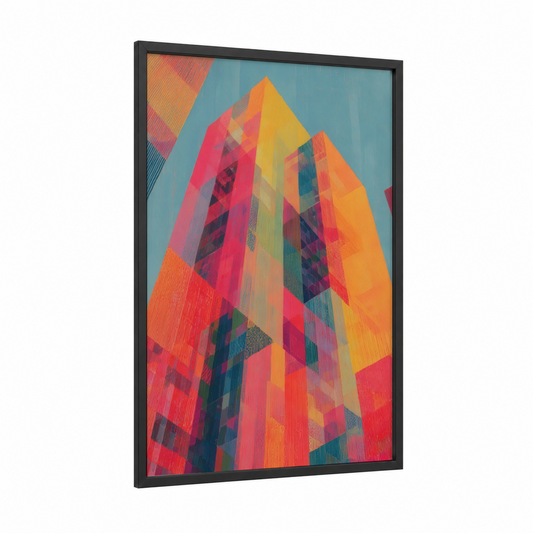 Chromatic Skyscraper framed art print — black wood frame — orange and blue palette