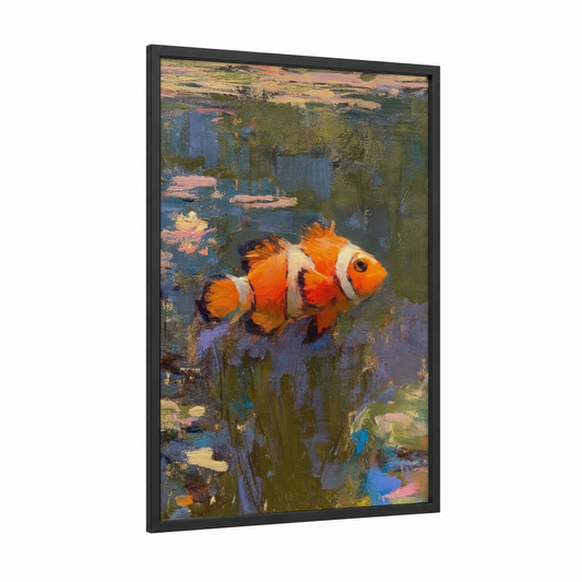 Vibrant Clownfish framed clown fish print — black wood frame — blue and orange palette