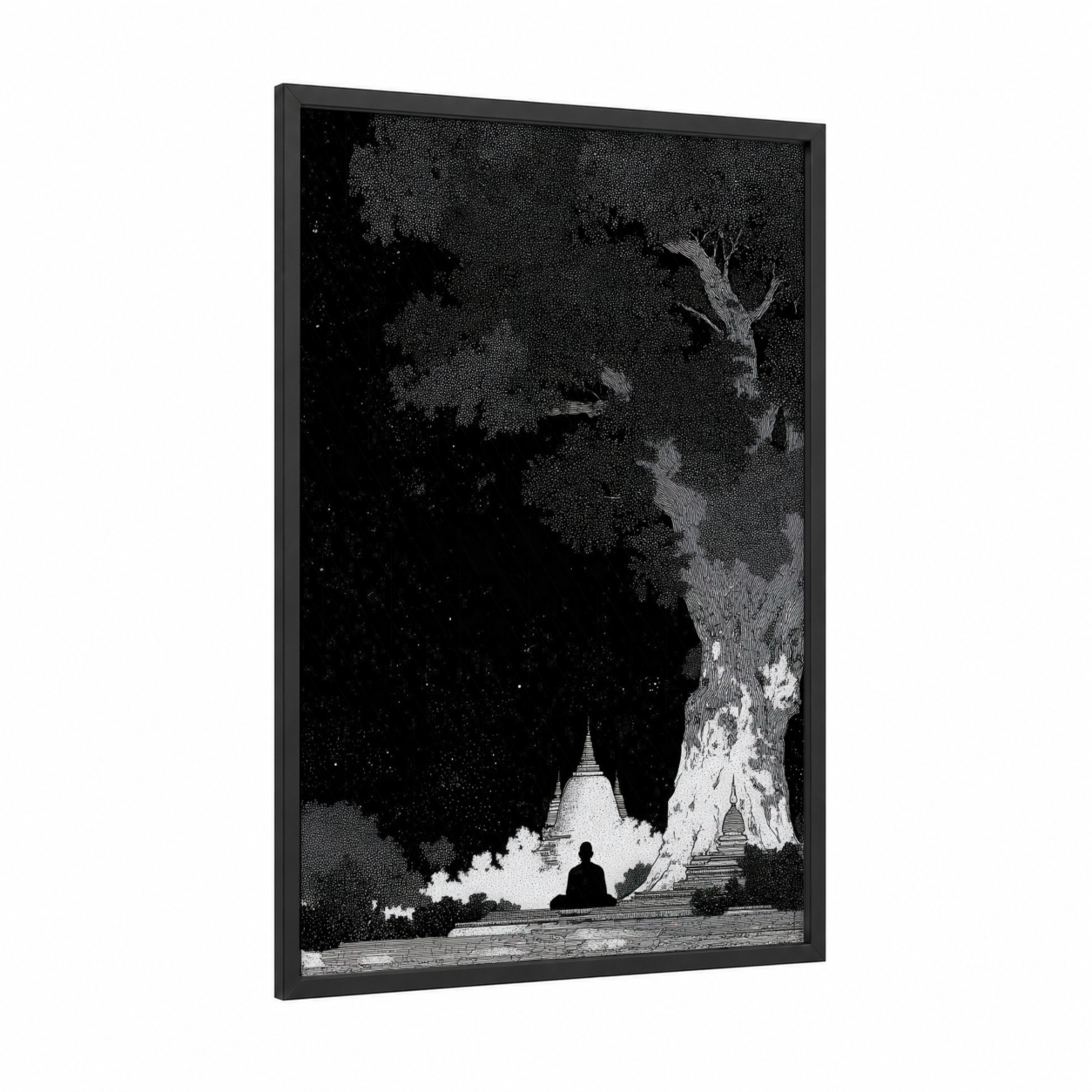 Moonlit Meditation framed buddhism print — black wood frame — black and white and gray palette