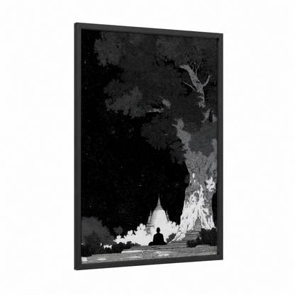 Moonlit Meditation framed buddhism print — black wood frame — black and white and gray palette