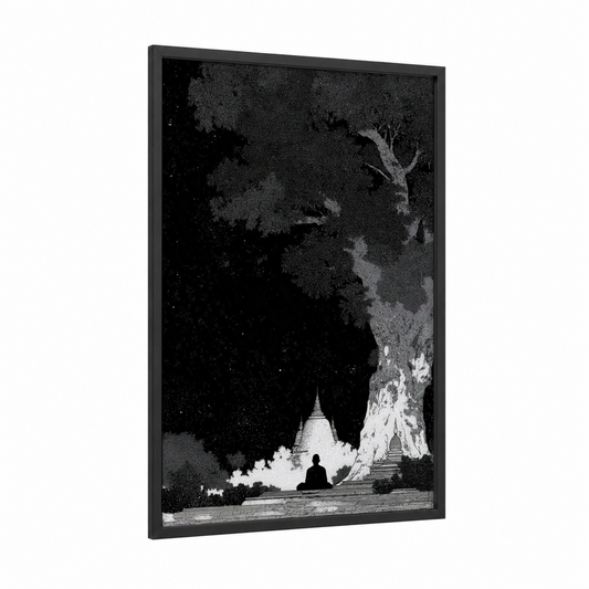 Moonlit Meditation framed buddhism print — black wood frame — black and white and gray palette