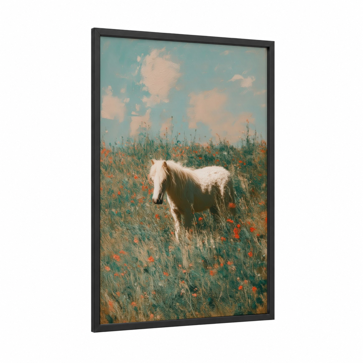 Meadow Miniature Horse framed art print — black wood frame — teal and peach palette