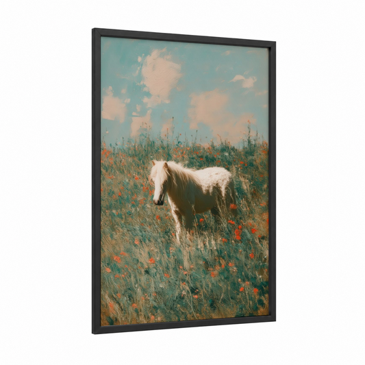 Meadow Miniature Horse framed art print — black wood frame — teal and peach palette
