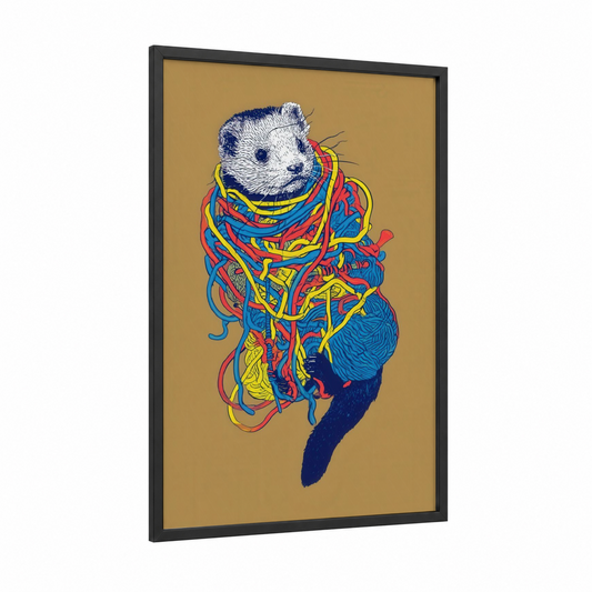 Tangled Ferret framed art print — black wood frame — gold and blue palette