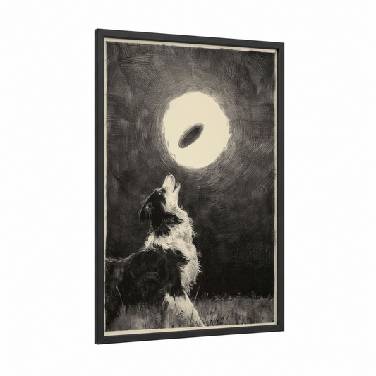 Moonlit Shepherd framed shepherd dogs and collies print — black wood frame — black and white palette