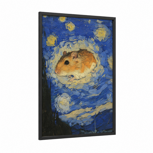 Starry Gerbil framed art print — black wood frame — blue and gold palette