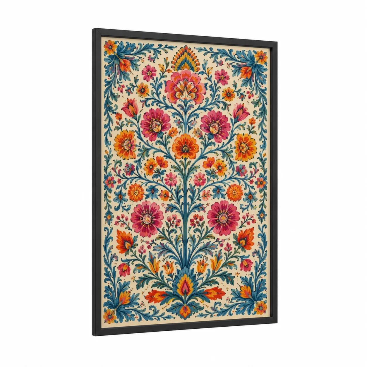 Ornamental Floral Symmetry Wall Art framed abstract flower print — black wood frame — orange and blue palette