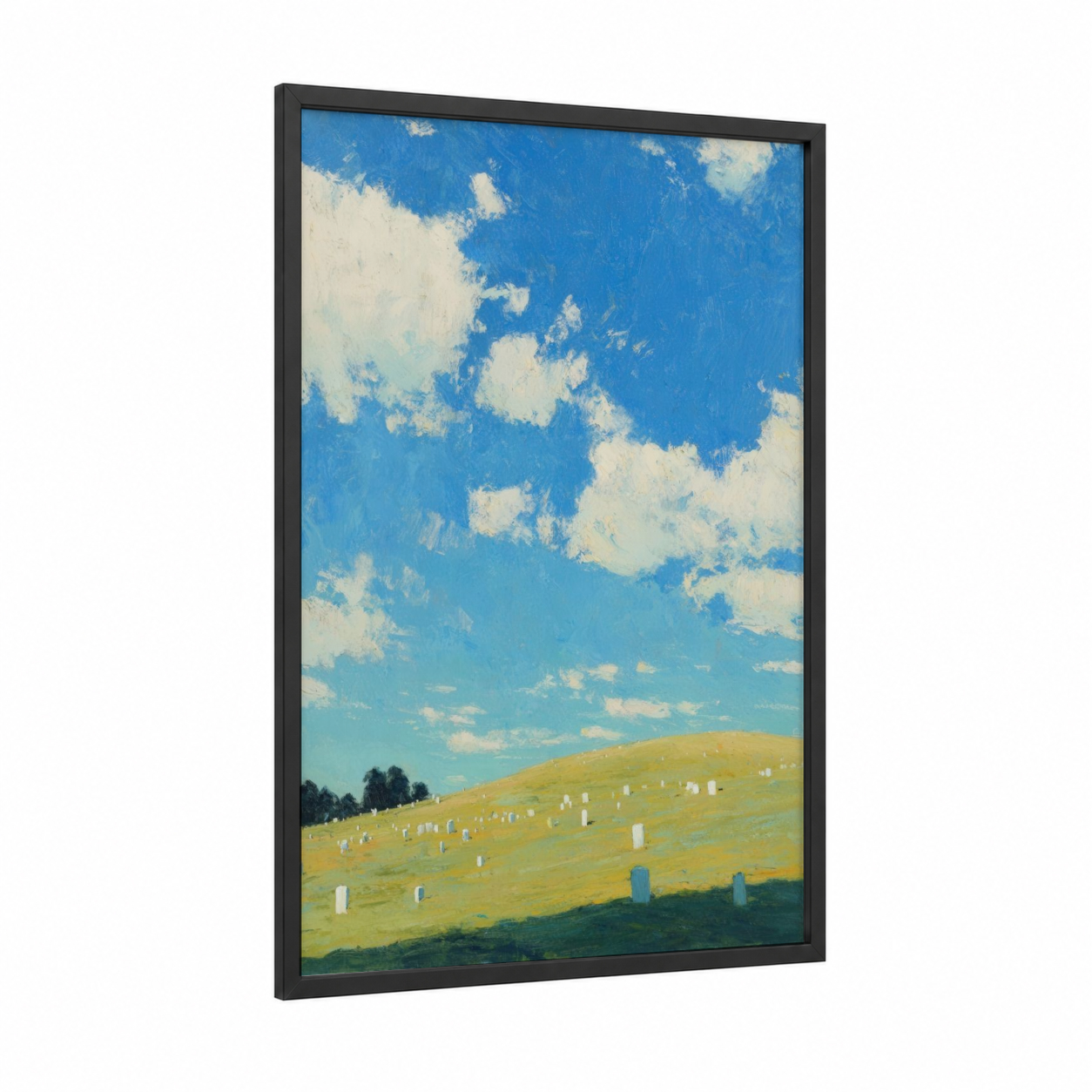 Solemn Memorial framed veterans day print — black wood frame — blue and white palette