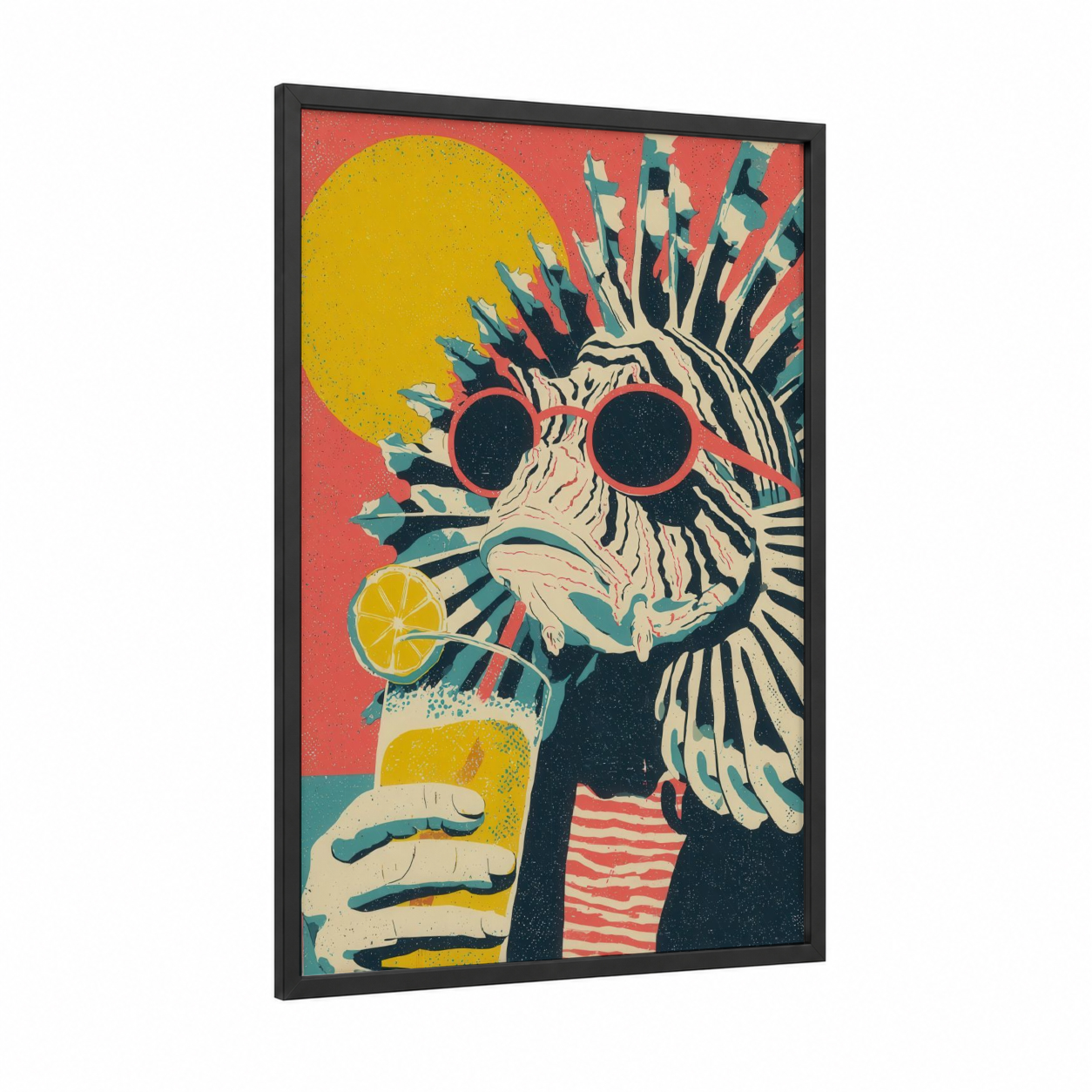 Groovy Lionfish framed art print — black wood frame — red and yellow gold palette