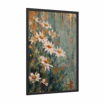 Rustic Daisy Garden framed art print — black wood frame — teal and gold palette
