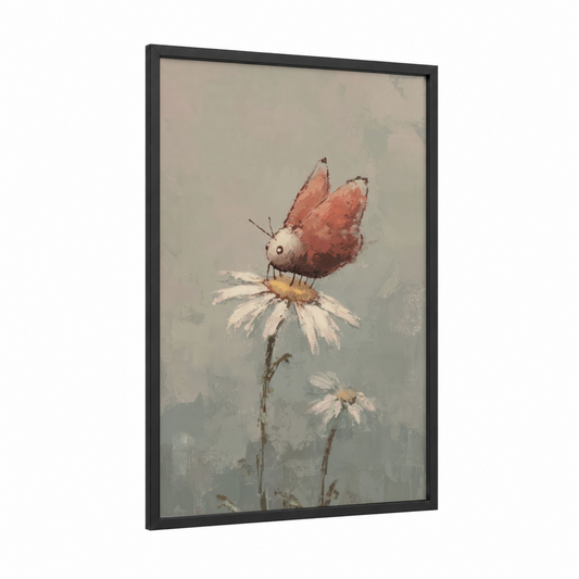 Russet Butterfly Daisy framed art print — black wood frame — russet and cream palette