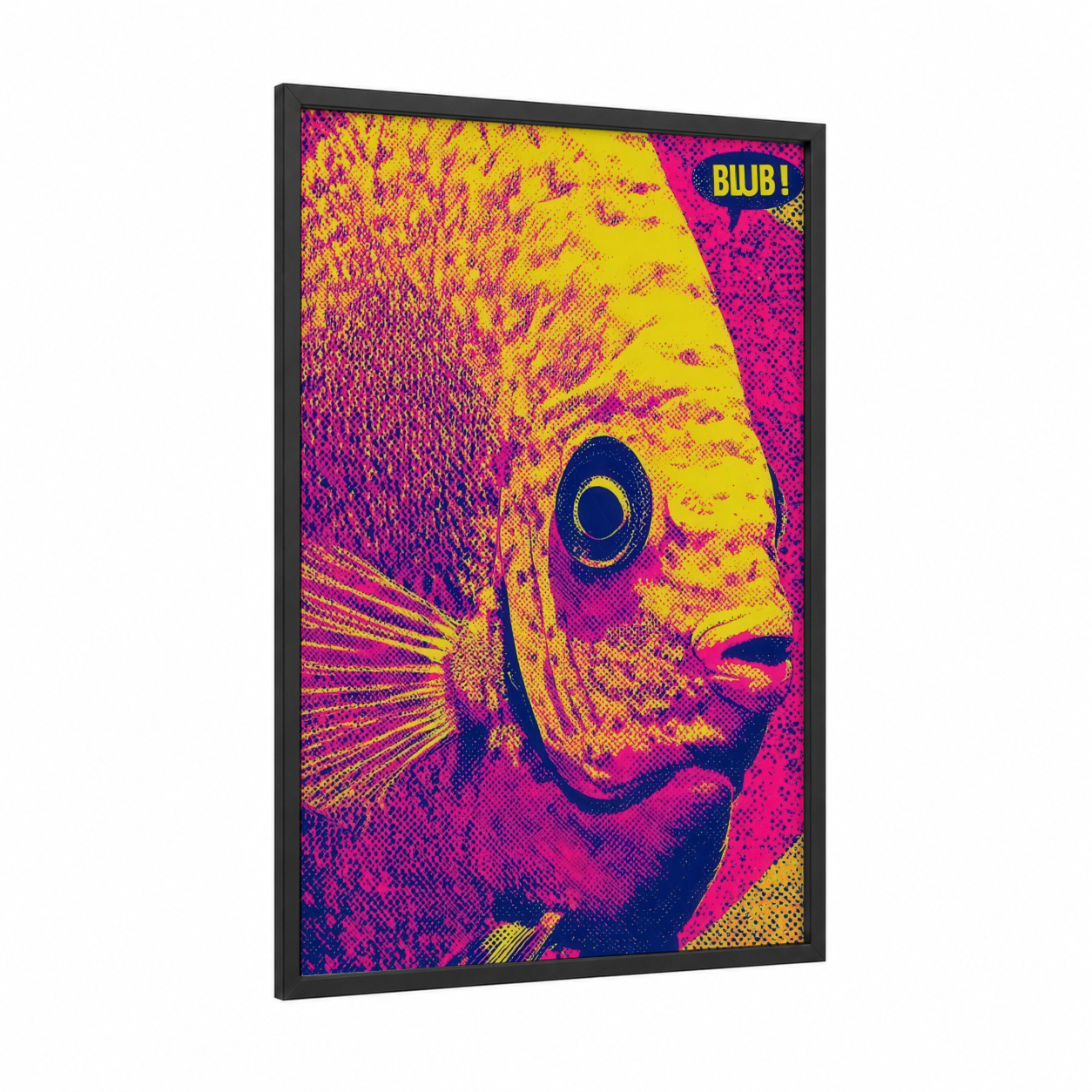 Neon Discus Fish framed art print — black wood frame — yellow gold and magenta palette