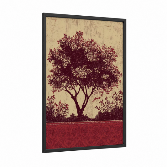 Crimson Orchard Tree framed fruit trees print — black wood frame — maroon and cream palette