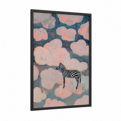 Dreaming Zebra framed art print — black wood frame — salmon pink and teal palette