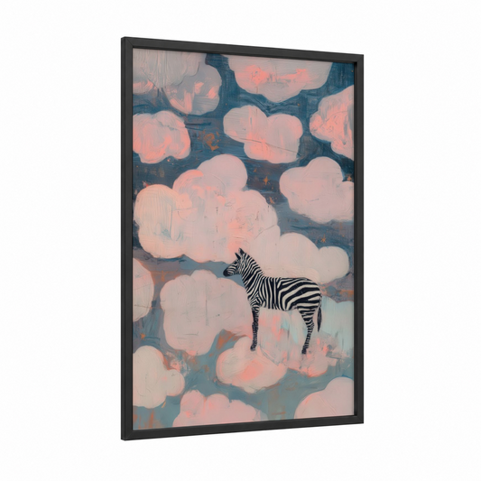 Dreaming Zebra framed art print — black wood frame — salmon pink and teal palette