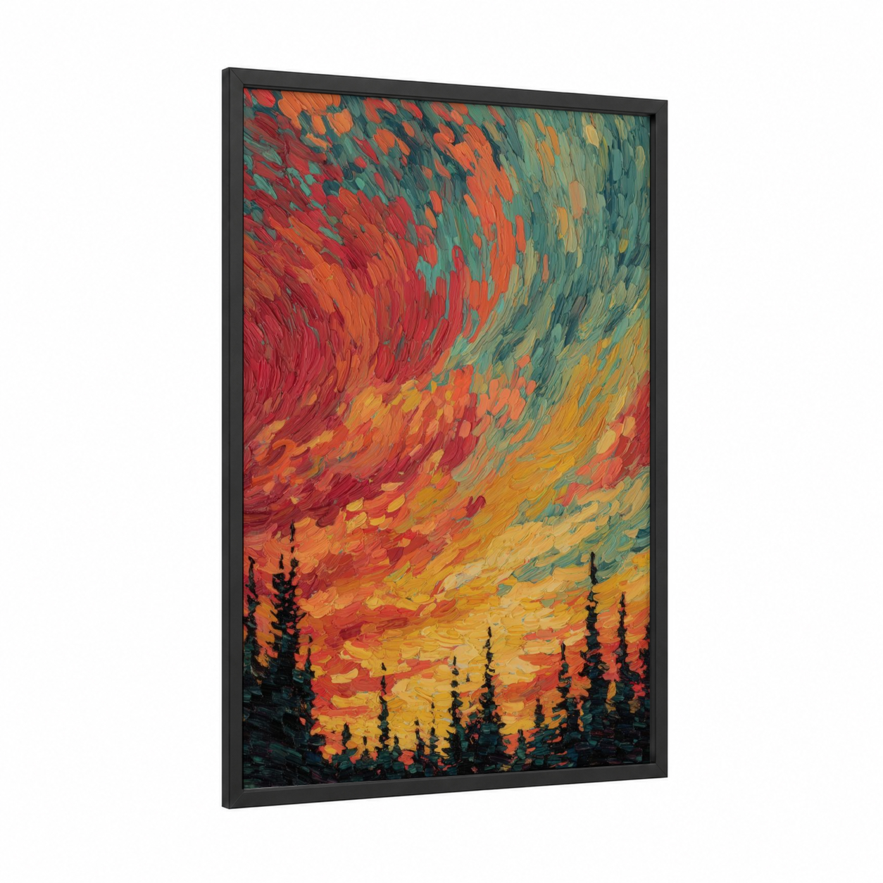 Crimson Aurora framed northern lights print — black wood frame — red and orange palette