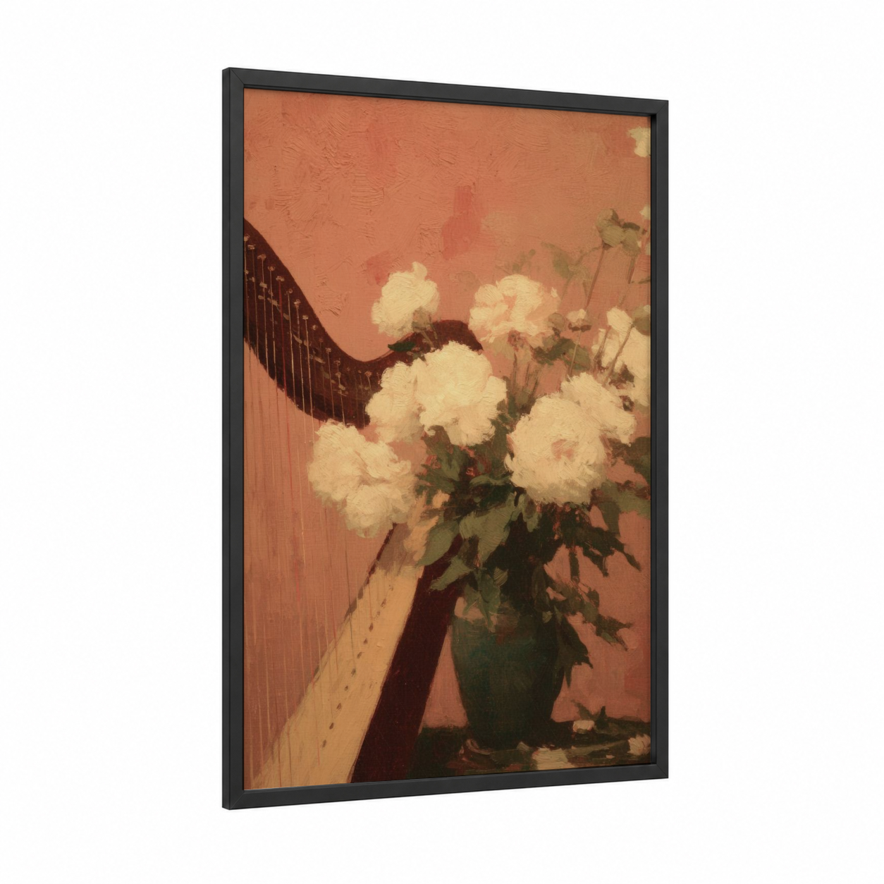 Harp and Roses framed art print — black wood frame — peach and cream palette