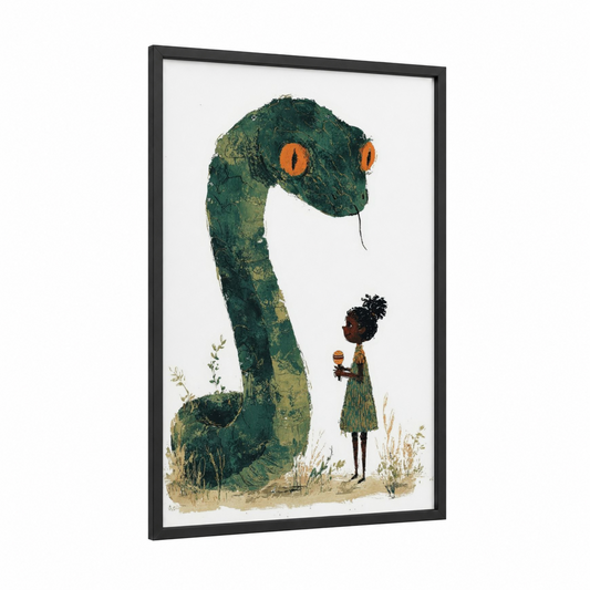 Emerald Guardian Snake framed rattlesnake print — black wood frame — dark green and orange palette