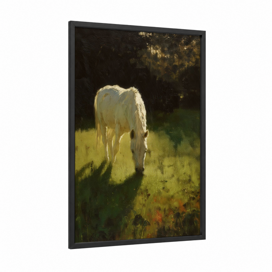 Grazing Miniature Horse framed art print — black wood frame — gold and dark green palette