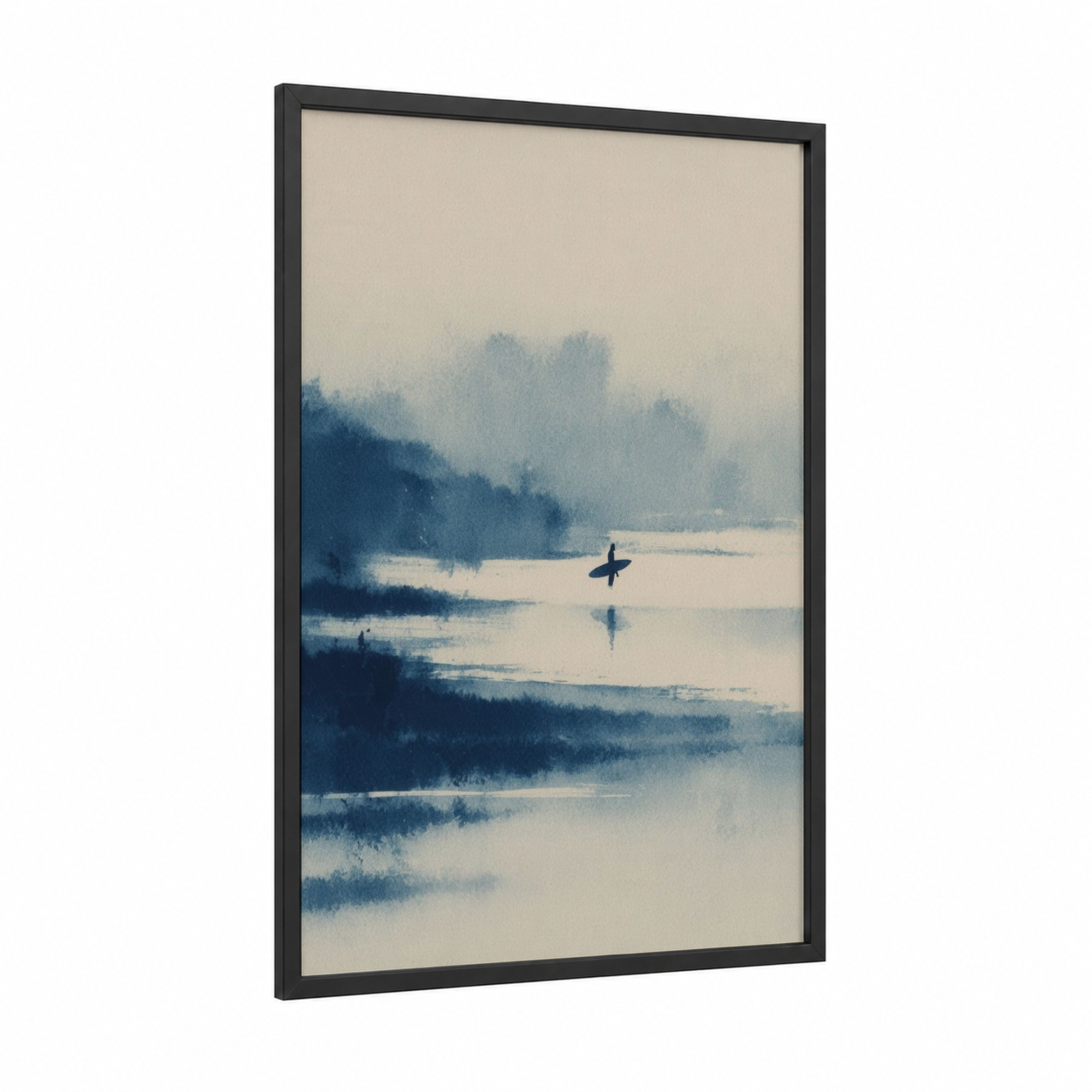 Misty Surfer Dawn framed surfing print — black wood frame — blue and white and beige palette