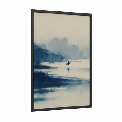 Misty Surfer Dawn framed surfing print — black wood frame — blue and white and beige palette