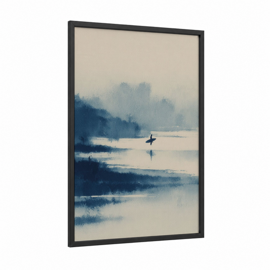 Misty Surfer Dawn framed surfing print — black wood frame — blue and white and beige palette