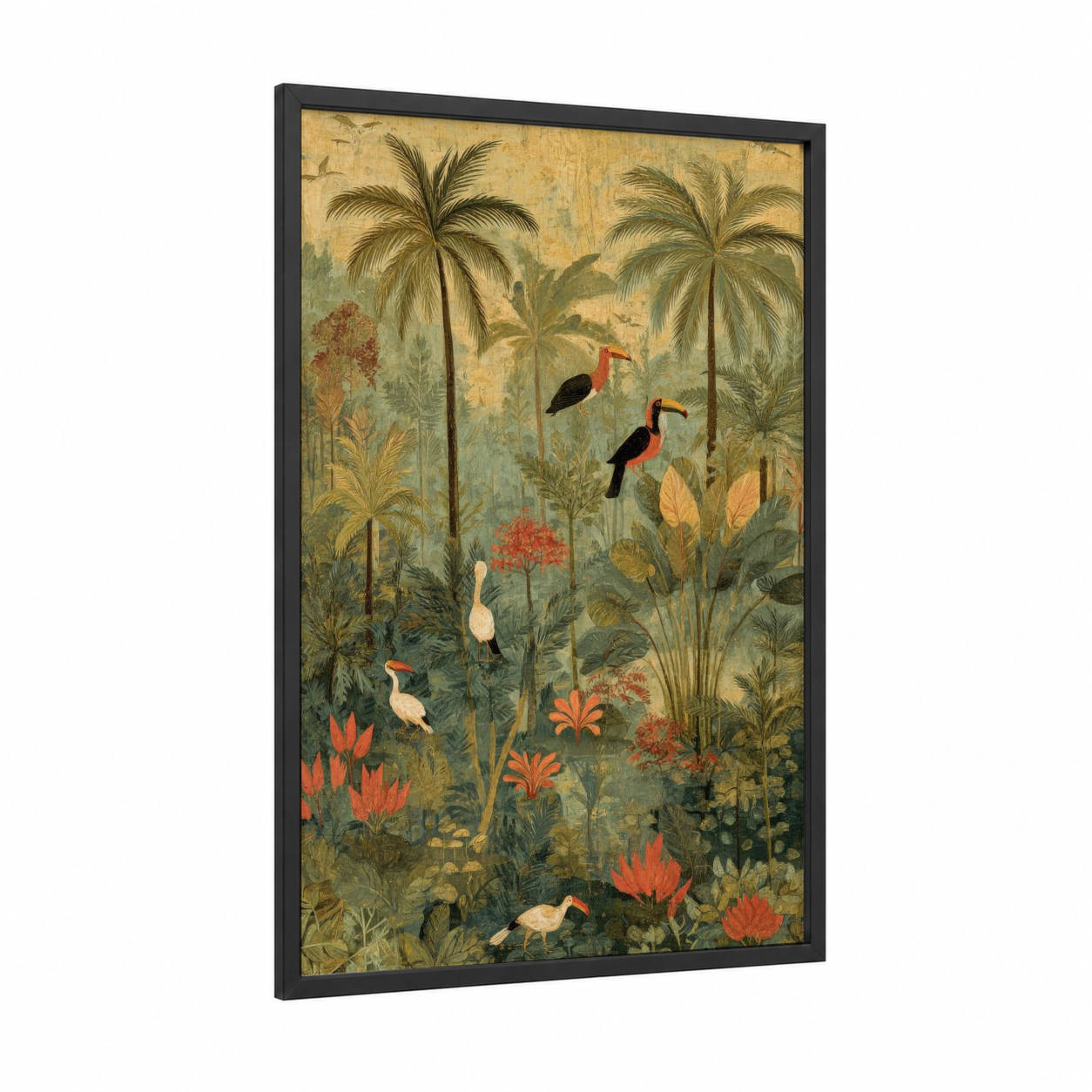 Tropical Bird Paradise framed palm forest print — black wood frame — olive and gold palette