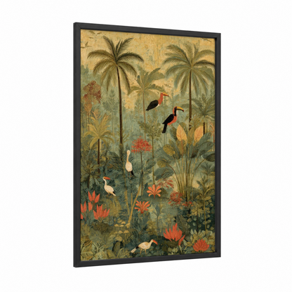 Tropical Bird Paradise framed palm forest print — black wood frame — olive and gold palette