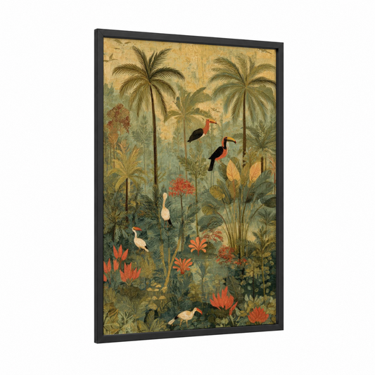 Tropical Bird Paradise framed palm forest print — black wood frame — olive and gold palette