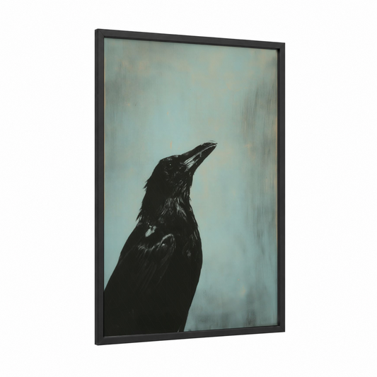 Contemplative Raven framed crows and ravens print — black wood frame — black and gray and white palette