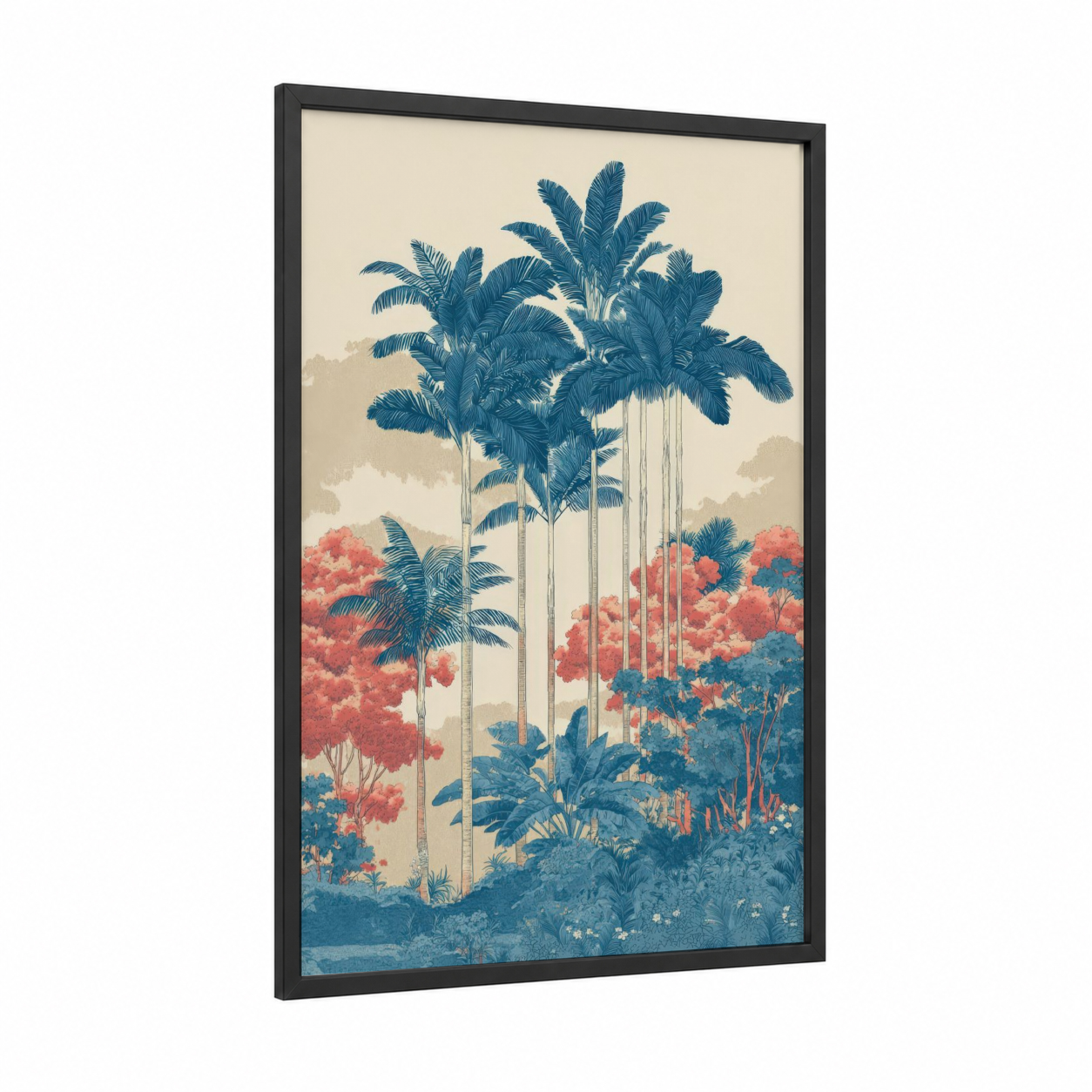Tropical Palm Grove framed palm forest print — black wood frame — teal and salmon pink palette