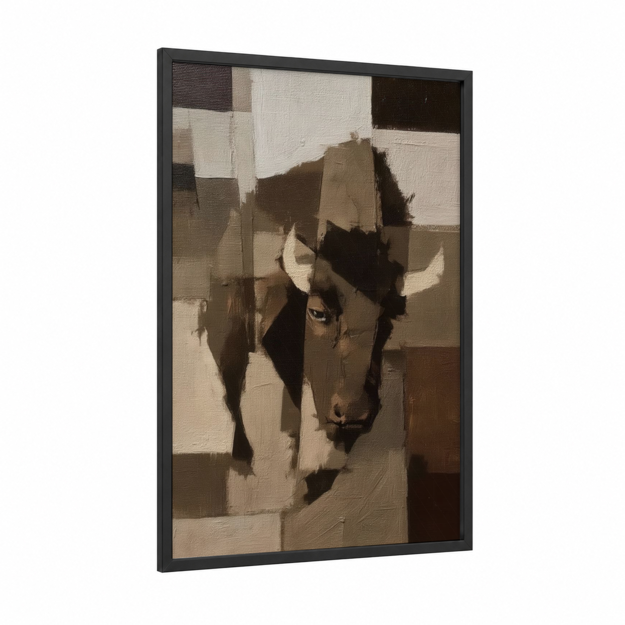 Abstract Bison framed art print — black wood frame — cream and brown palette
