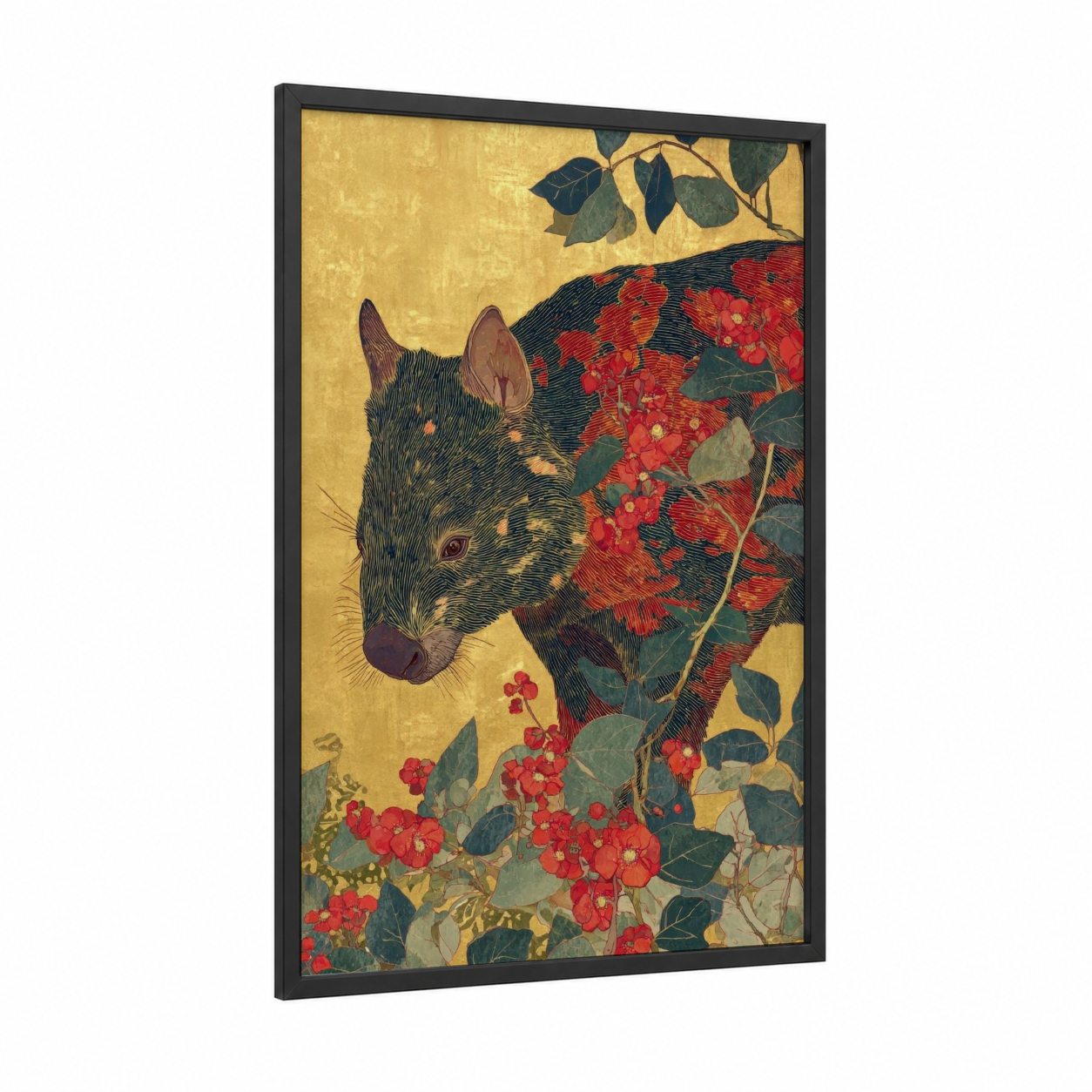 Rowan Wombat framed art print — black wood frame — gold and red palette