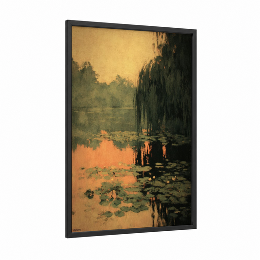 Willow Sunset Reflection framed art print — black wood frame — gold and dark green palette