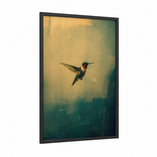 Crimson Hummingbird framed art print — black wood frame — teal and gold palette