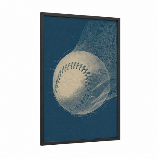 Vintage Baseball Blueprint framed art print — black wood frame — dark blue and cream palette