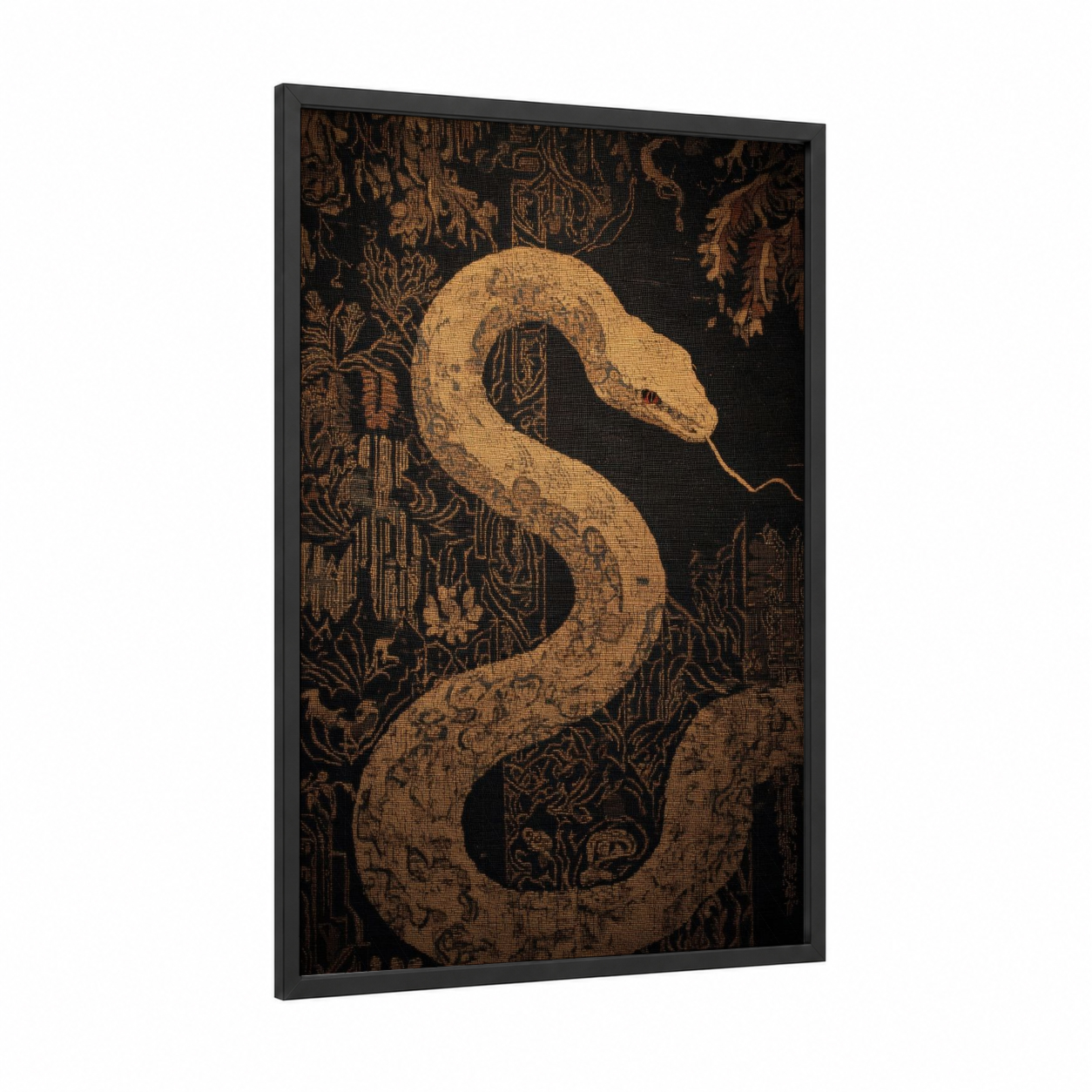 Golden Boa Constrictor framed art print — black wood frame — gold and black palette