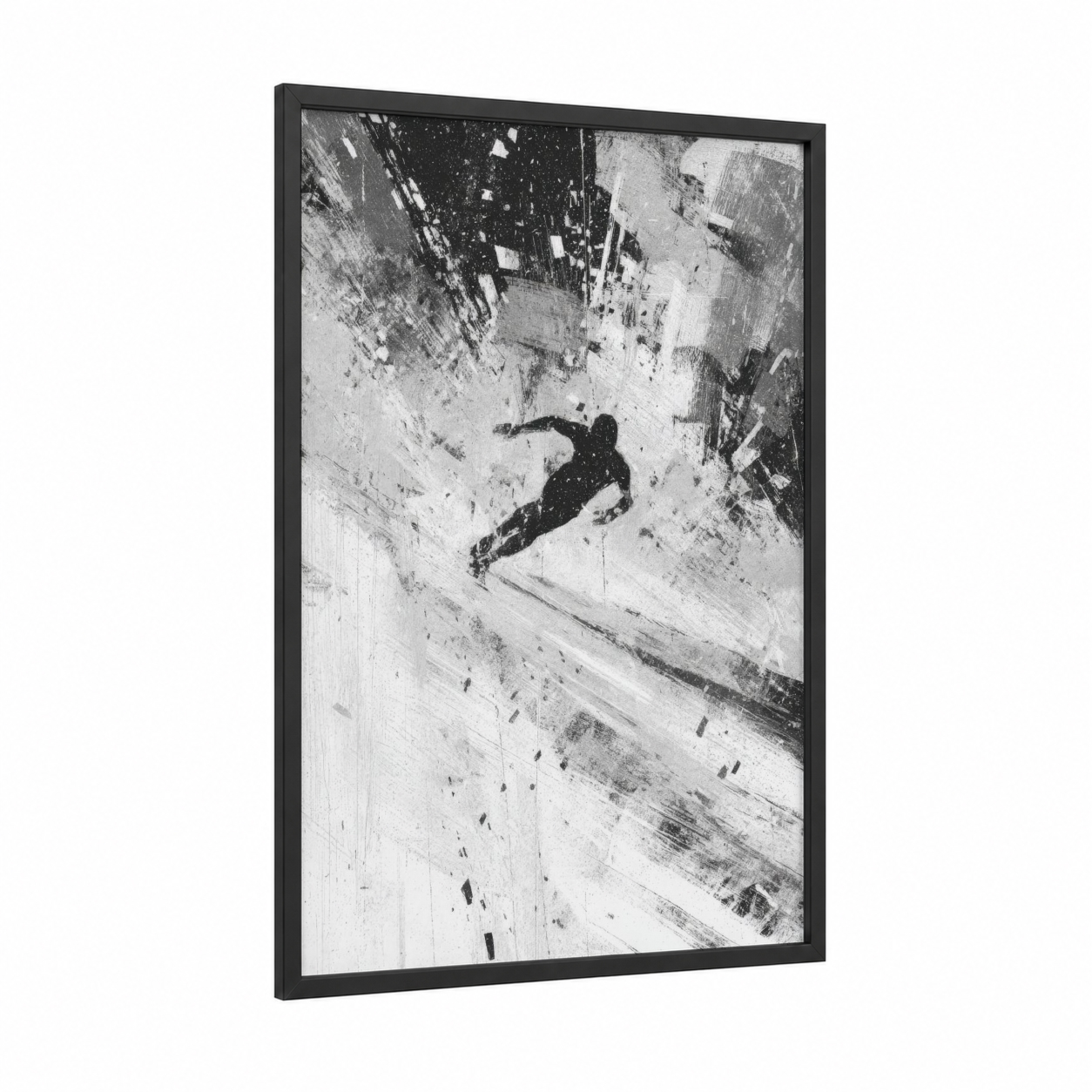 Freefall Skater framed ice skating print — black wood frame — black and white palette