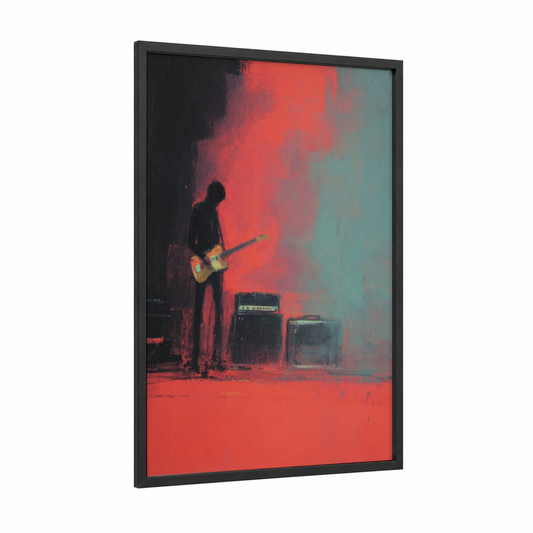 Solitary Guitarist framed rock'n roll print — black wood frame — red and teal palette