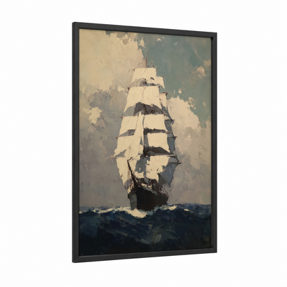 Majestic Sailing Ship framed art print — black wood frame — cream and dove gray palette