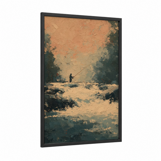 Riverside Fisherman framed fishing print — black wood frame — gold and dark green palette