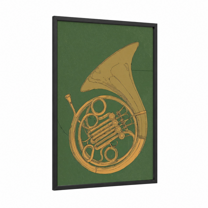 Golden French Horn framed art print — black wood frame — gold and sage green palette