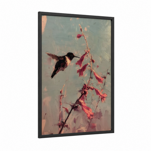 Crimson Hummingbird framed art print — black wood frame — maroon and sage green palette