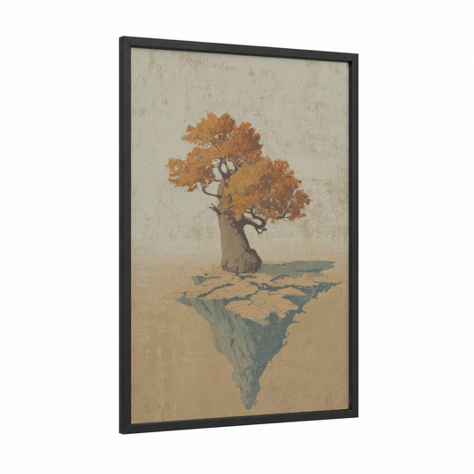 Autumn Baobab framed baobab tree print — black wood frame — gold and beige palette